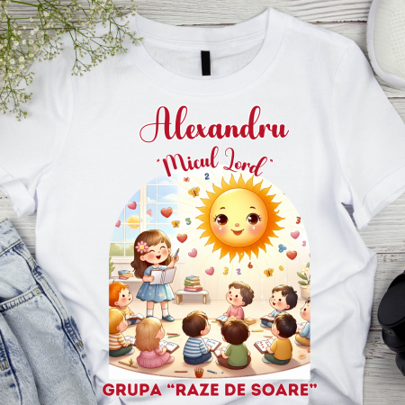 Cadouri copii 5 ani - Tricou alb GRUPA Raze de soare prima zi de gradinita  din bumbac ABS1134