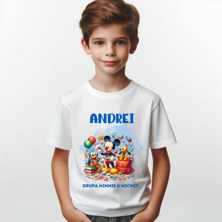 Cadouri copii 5 ani - Tricou alb Clasa lui Minnie si Mickey Mouse la scoala din bumbac ABS116.2