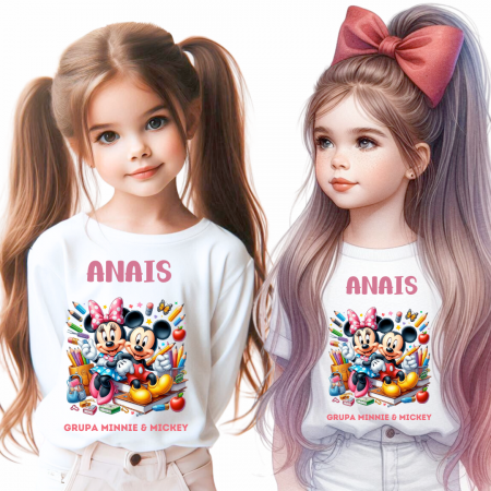 Cadouri copii 5 ani - Tricou alb Clasa lui Minnie si Mickey Mouse la scoala din bumbac ABS116.3