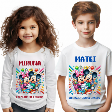 Cadouri copii 5 ani - Tricou alb Clasa lui Minnie si Mickey Mouse la scoala din bumbac ABS116.5