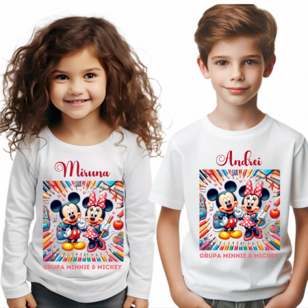 Cadouri copii 5 ani - Tricou alb Clasa lui Minnie si Mickey Mouse la scoala din bumbac ABS116.6