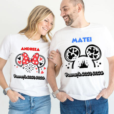 Cadouri pentru profesori sau absolventi - Tricou alb Clasa lui Minnie si Mickey Mouse la scoala din bumbac ABS116.2