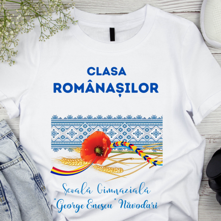 Tricou alb Clasa romanasilor prima zi de gradinita sau scoala din bumbac ABS1133 Tricou alb Clasa romanasilor prima zi de gradinita sau scoala din bumbac ABS1133