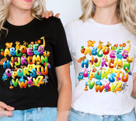 Cadouri pentru profesori sau absolventi - Tricou de scoala cu literele alfabetului– cadou personalizat pentru profesori sau elevi