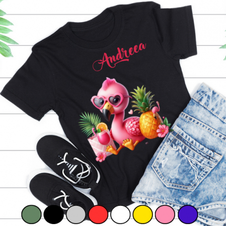 Tricou pentru copii sau adulti din bumbac model Flamingo personalizat cu nume  sau poza preferata TC5035 [1]