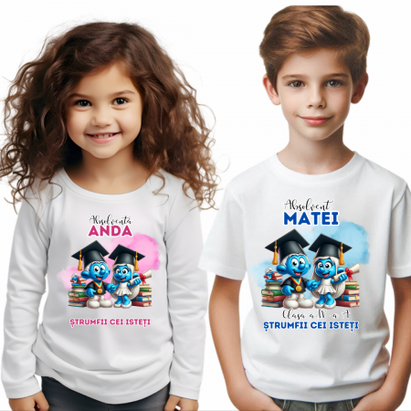 Cadouri pentru profesori sau absolventi - Tricou personalizat absolvire cu Strumfii cei isteti