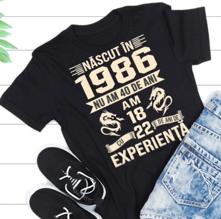 Cadouri copii 5 ani - Tricou personalizat „Născut în 1986” – cadou aniversar cu mesaj amuzant