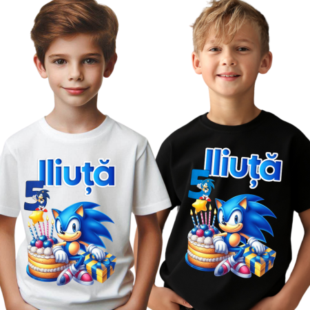 Cadouri copii 5 ani - Tricou personalizat aniversar SONIC cu cifra aniversara TAS101