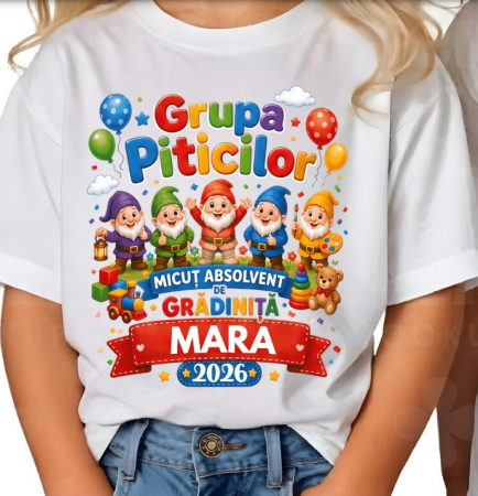 Cadouri pentru profesori sau absolventi - Tricou  Absolventi Grupa Piticilor – Bumbac 100% Personalizat pentru Copii și Profesori