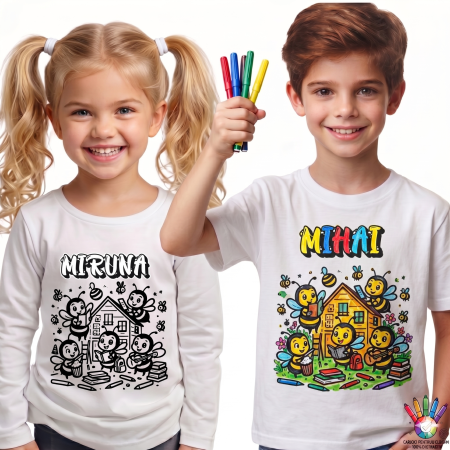 Tricouri Scolare Grupa Albinutelor - Tricouri de Colorat Clasa Albinutelor – Personalizate Alb-Negru pentru Copii  sau Educatoare  Activitate Creativa Final de An