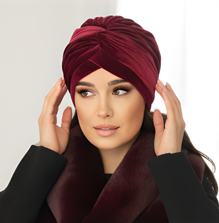Turban catifea foarte gros de dama KATY marime 58-60, captuseala polar, culoare wine [4]