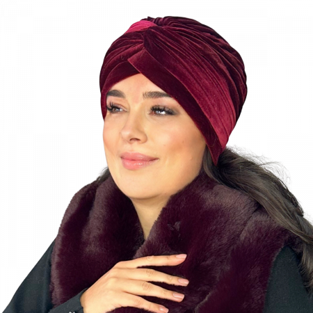 Turban catifea foarte gros de dama KATY marime 58-60, captuseala polar, culoare wine [3]