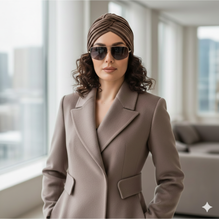 Caciuli si palarii dama - Turban elegant din catifea rafinat de dama KATY marime universala, captuseala polar, culoare maro Sequoia