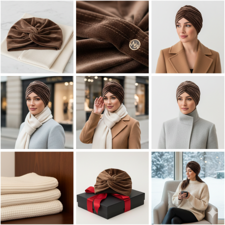 Turban elegant din catifea rafinat de dama KATY marime universala, captuseala polar, culoare maro Sequoia [1]