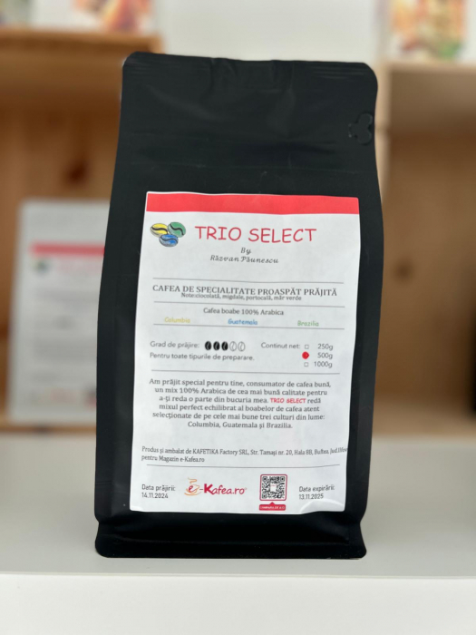 Cafea boabe Proaspat Prajita TRIO SELECT by Razvan Paunescu, blend 100% Arabica, 500g