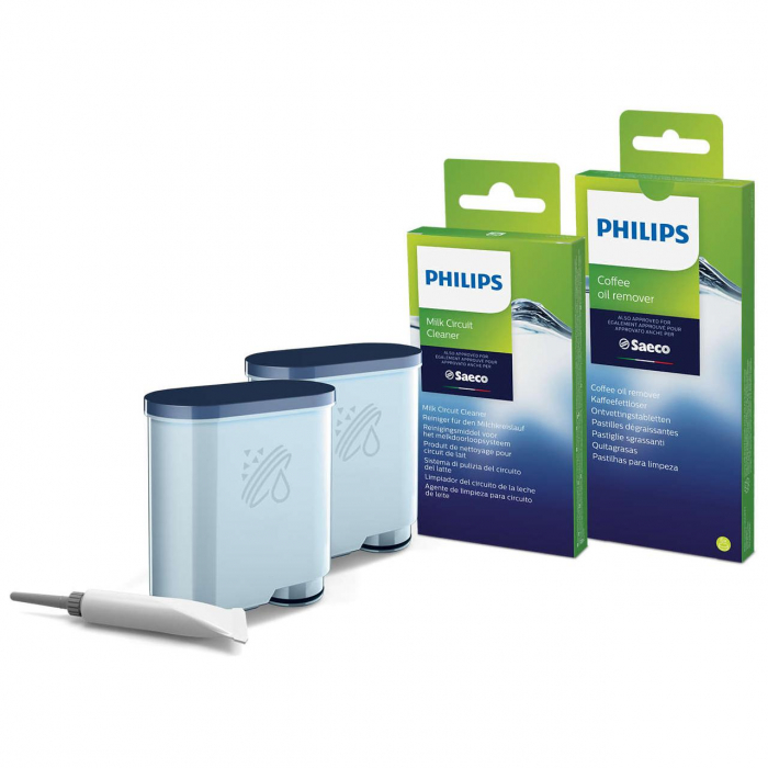 Kit intretinere pentru espressor Philips CA6707/10, 2 filtre AquaClean si tub lubrifiere, 6 plicuri curatare lapte, 6 tablete indepartare ulei [1]