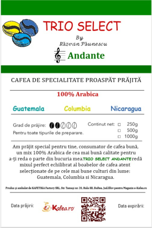 Reduceri % - Andante - Cafea de Specilaitate Proaspat Prajita TRIO SELECT by Răzvan Păunescu, blend 100% Arabica