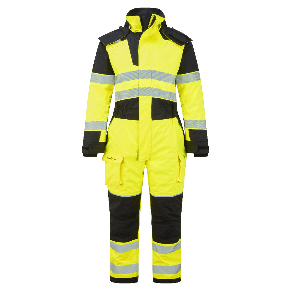 Costume salopeta ignifuge - Combinezon ignifugat reflectorizant Portwest PW3 MODAFLAME Hi-Vis MULTI NORM FR, 60% poliester, 21% modacrilic, 18% bumbac, 1% fibra de carbon, 270 gr/mp