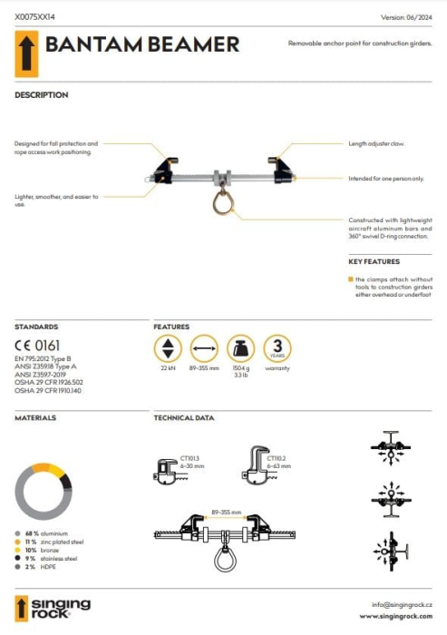 Dispozitiv de ancorare mobil Singing Rock BANTAM BEAMER, metalic, 22kN, 1504g, ajustabil 89-355mm [2]