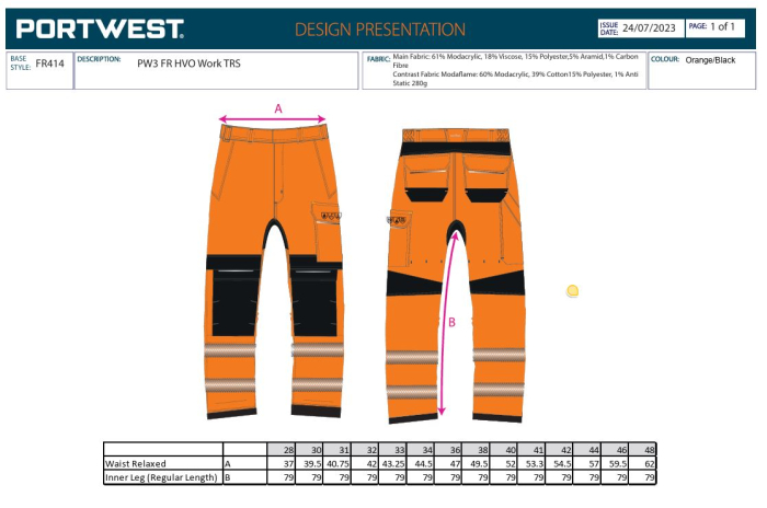 Pantaloni cu benzi reflectorizante Portwest FR414FR Modaflame HVO, 61% modacrilic, 18% viscoza, 15% poliester, 5% aramid, 1% fibra carbon, 300 gr/mp [3]