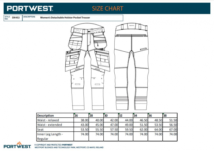 Pantaloni cu buzunare detasabile cu benzi reflectorizante dama Portwest DX452, 93% poliester, 7% elastan, 270 gr/mp [3]