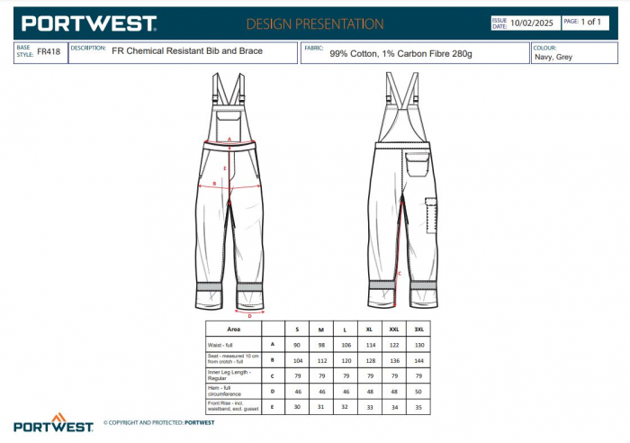 Pantaloni salopeta cu pieptar Portwest FR418 Chemical Resistant, 99% bumbac, 1% fibra de carbon, 280 gr/mp [3]