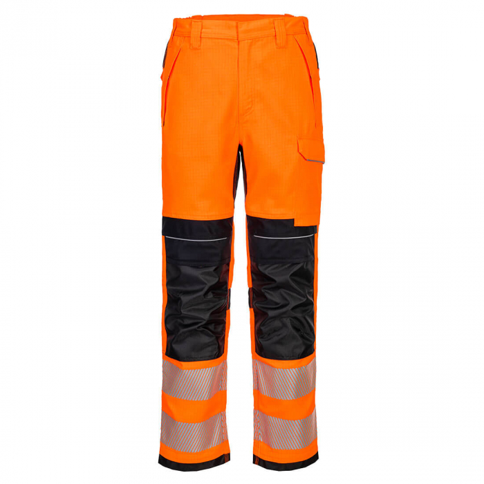 Pantaloni de lucru cu benzi reflectorizante Portwest FR414FR Modaflame HVO, 61% modacrilic, 18% viscoza, 15% poliester, 5% aramid, 1% fibra carbon, 300 gr/mp [1]