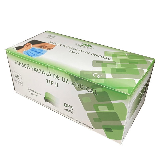 Set 50 bucati - semi masca faciala de uz medical tip II ROGLOBAL, bfe>98%, EN 14683 [2]