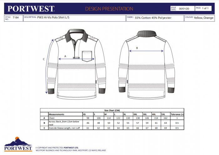 Tricou polo cu maneca lunga Portwest T184 PW3 Hi-Vis, 55% bumbac, 45% poliester, 175 gr/mp [3]