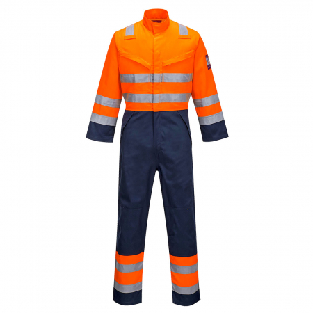 Imbracaminte de lucru - Combinezon ignifug antistatic reflectorizant Portwest MV29 MODAFLAME RIS, 61% modacrilic, 18% viscoza, 15% poliester, 5% aramid, 1% fibra carbon, 300 gr/mp