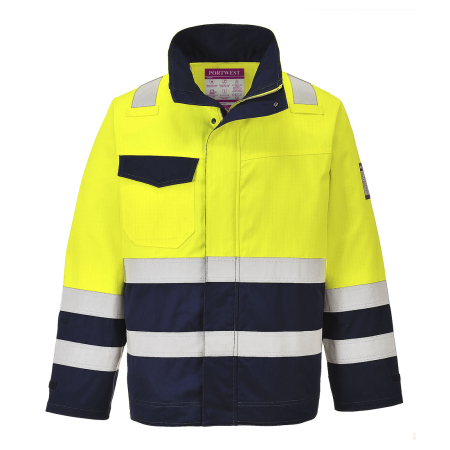 Imbracaminte de lucru - Jacheta ignifugata reflectorizanta Portwest MV25 MODAFLAME, 60% modacrilic, 39% bumbac, 1% fibra carbon, 280 gr/mp