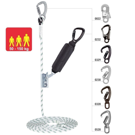 Linia vietii temporara - Opritor de cadere Vertiqual VERTILINE UNIVERSAL HEAVY (50-150kg), 38kN, din otel, cu franghie tip Kernmantel, L=5metri, d=14mm