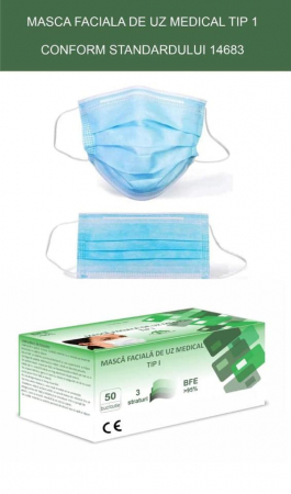 Set 50 bucati - semi masca faciala de uz medical tip I ROGLOBAL, bfe>95%, EN 14683 [1]