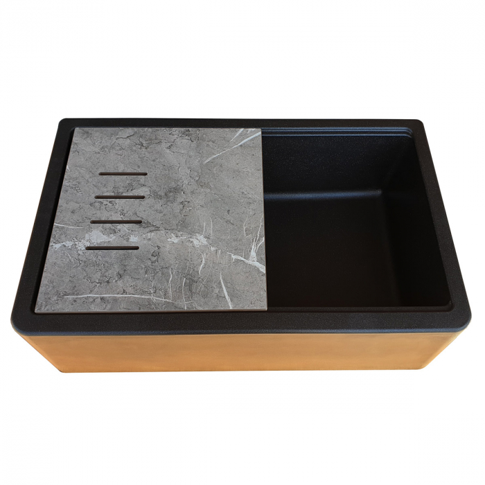 Chiuveta bucatarie granit reversibila CookingAid Lux LX8410 Farm House Apron Neagra / Black Metal Quartz + accesorii montaj [7]