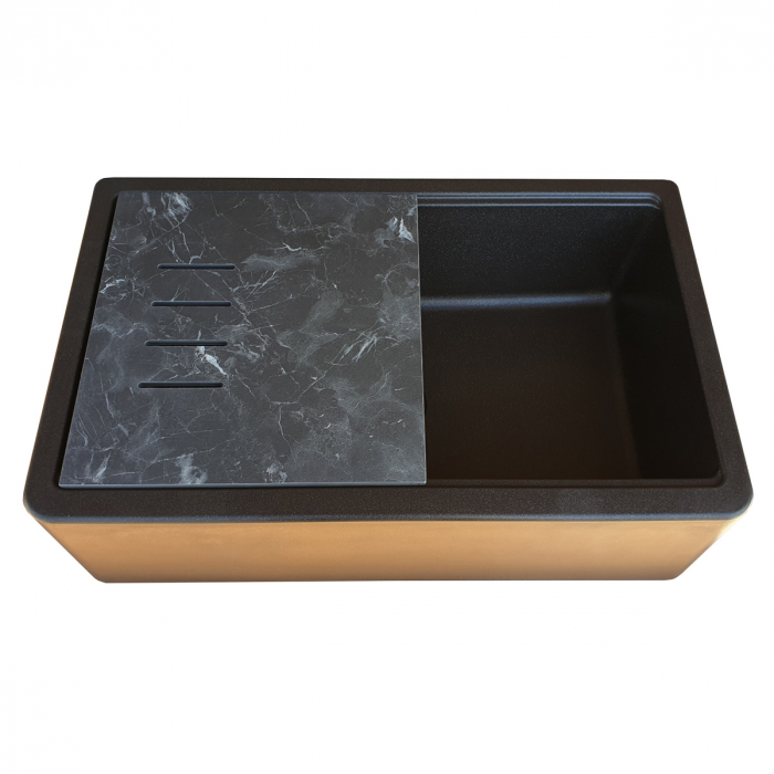 Chiuveta bucatarie granit reversibila CookingAid Lux LX8410 Farm House Apron Neagra / Black Metal Quartz + accesorii montaj [10]