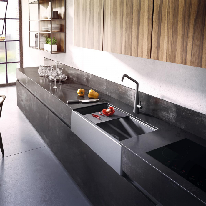 Chiuveta bucatarie granit reversibila CookingAid Lux LX8410 Farm House Apron Neagra / Black Metal Quartz + accesorii montaj [2]