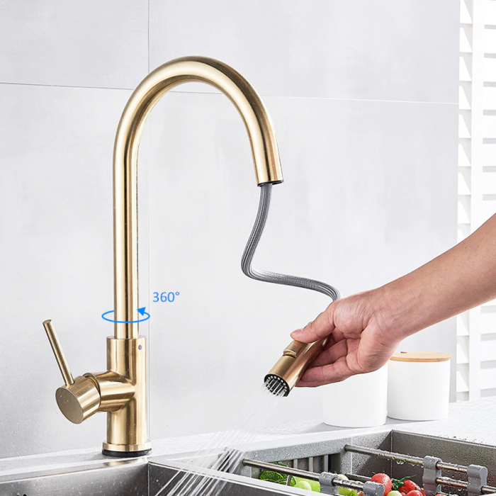 Baterie CookingAid GOLDEN TAP auriu cu furtun dus retractabil / extractibil + buton interschimbabil jet/dus si finisaj mat [7]