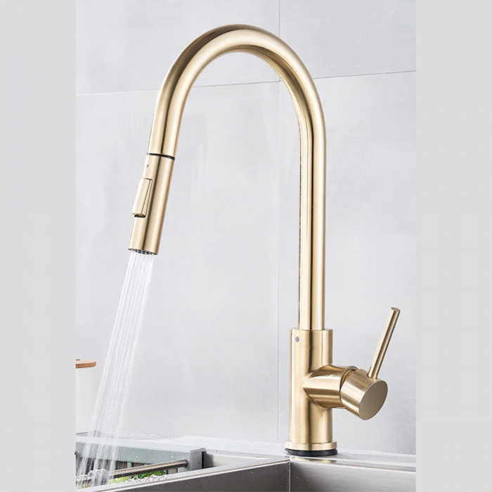 Baterie CookingAid GOLDEN TAP auriu cu furtun dus retractabil / extractibil + buton interschimbabil jet/dus si finisaj mat [6]