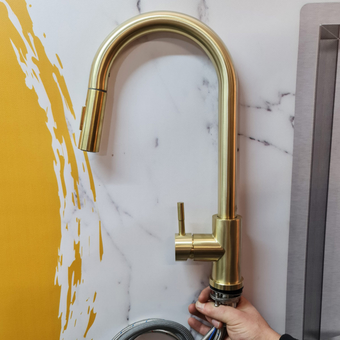 Baterie TOUCH ON GOLDEN TAP CU SENZOR ATINGERE aurie cu furtun dus retractabil / extractibil + buton interschimbabil jet/dus CookingAid  [4]