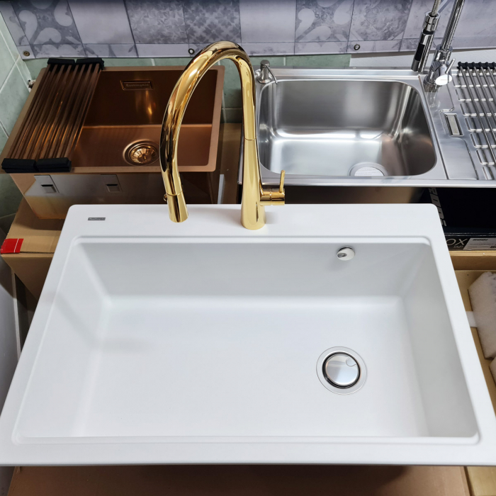 Baterie NEWMIX 90 cu finisaj GOLDEN AURIU si furtun dus retractabil/extractibil si buton jet/dus Cookingaid [9]