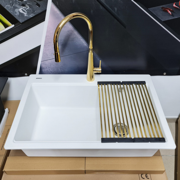 Baterie NEWMIX 90 cu finisaj GOLDEN AURIU si furtun dus retractabil/extractibil si buton jet/dus Cookingaid [7]