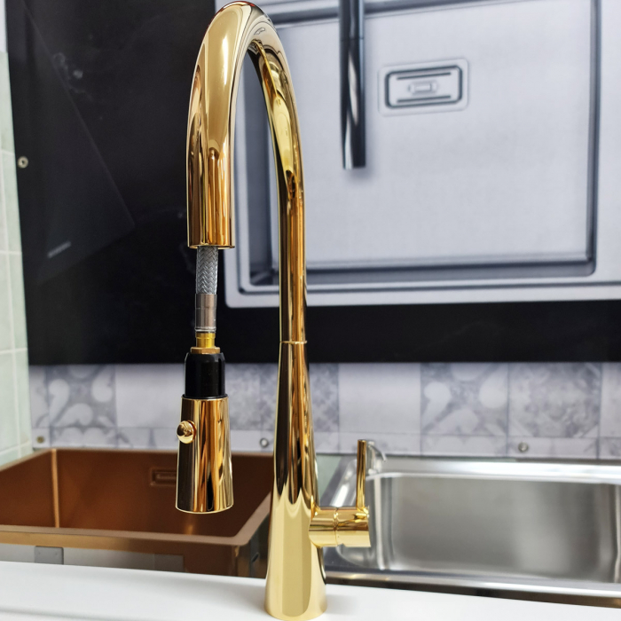 Baterie NEWMIX 90 cu finisaj GOLDEN AURIU si furtun dus retractabil/extractibil si buton jet/dus Cookingaid [10]