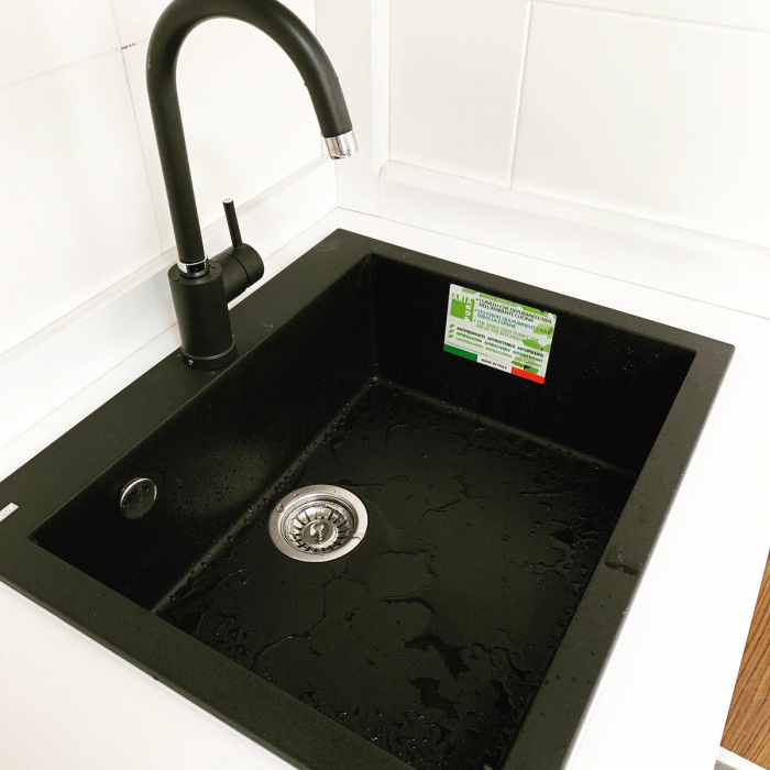 Chiuveta bucatarie granit CookingAid Cube ON5610 Neagra / Black Metal quartz + Tocator Sticla neagra temperizata Invisible + accesorii montaj [5]