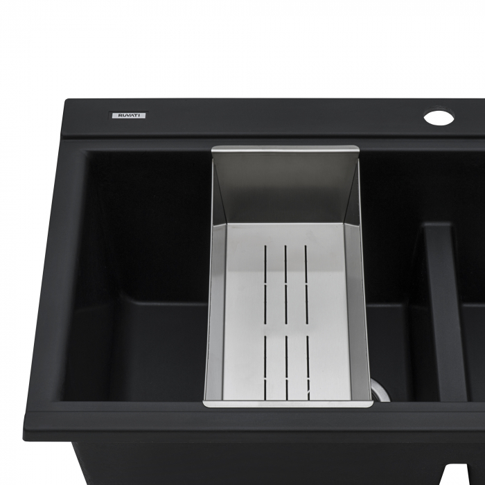 Set complet Chiuveta bucatarie granit dubla cu 2 cuve CookingAid Kinga LX8620 Neagra / Black Metal quartz + Baterie CookingAid Newmix 90 + Tocator HPL Ardesia +Tavita scurgere inox + Dozator detergent + accesorii montaj [5]