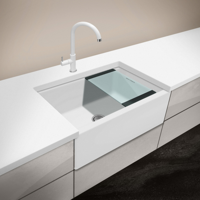 Chiuveta bucatarie granit reversibila CookingAid Lux LX8410 Farmhouse Apron Alba / Polar White + accesorii montaj [5]