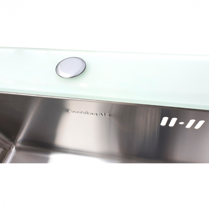Chiuveta bucatarie inox CookingAid TEMPERED GLASS WHITE cu 2 x tocatoare personalizate sticla temperizata, scurgator vase/paste/fructe, dozator detergent + accesorii montaj [5]