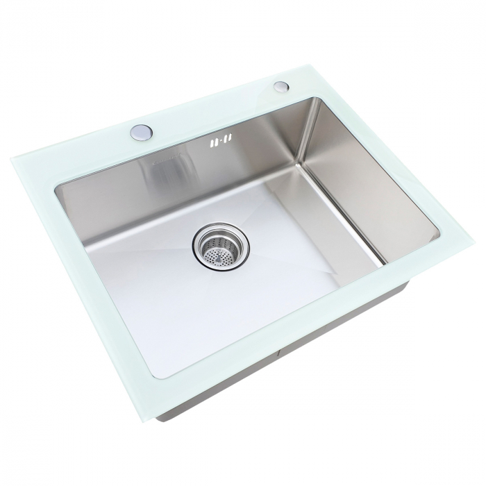 Chiuveta bucatarie inox CookingAid TEMPERED GLASS WHITE cu 2 x tocatoare personalizate sticla temperizata, scurgator vase/paste/fructe, dozator detergent + accesorii montaj [8]