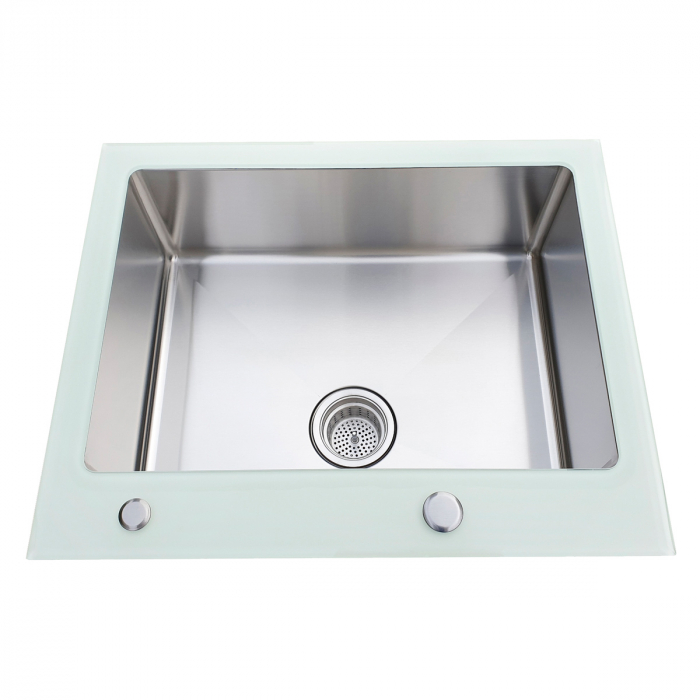 Chiuveta bucatarie inox CookingAid TEMPERED GLASS WHITE cu 2 x tocatoare personalizate sticla temperizata, scurgator vase/paste/fructe, dozator detergent + accesorii montaj [9]