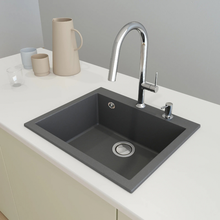 Chiuveta bucatarie granit CookingAid Cube ON5610 Gri Beton inchis / Ciment / Concrete quartz + accesorii montaj [3]