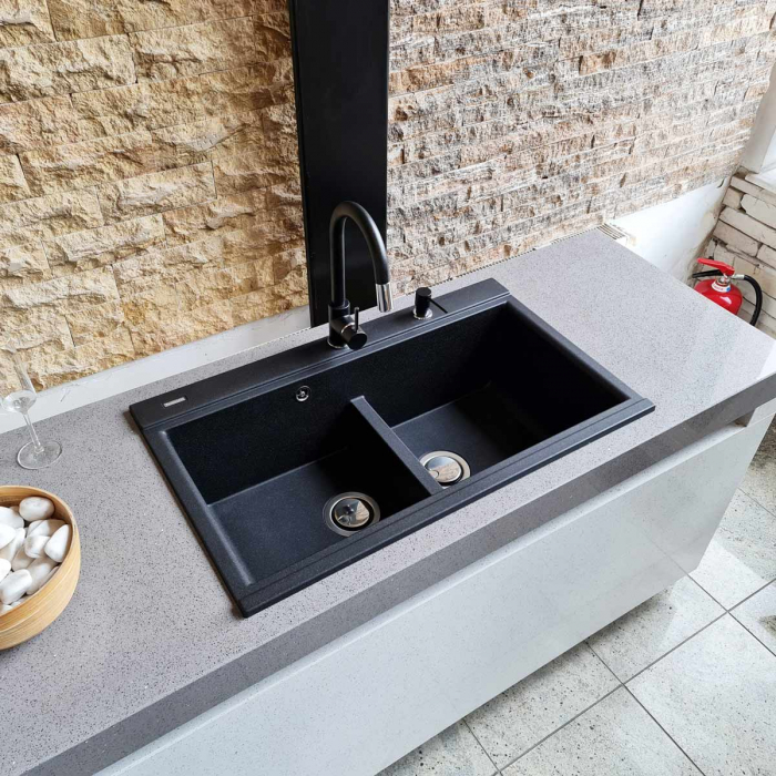Set complet Chiuveta bucatarie granit dubla cu 2 cuve CookingAid Kinga LX8620 Neagra [5]